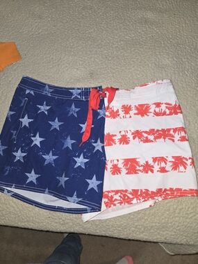 Patriotic Star & Stripe Swim Shorts with Red Drawstring